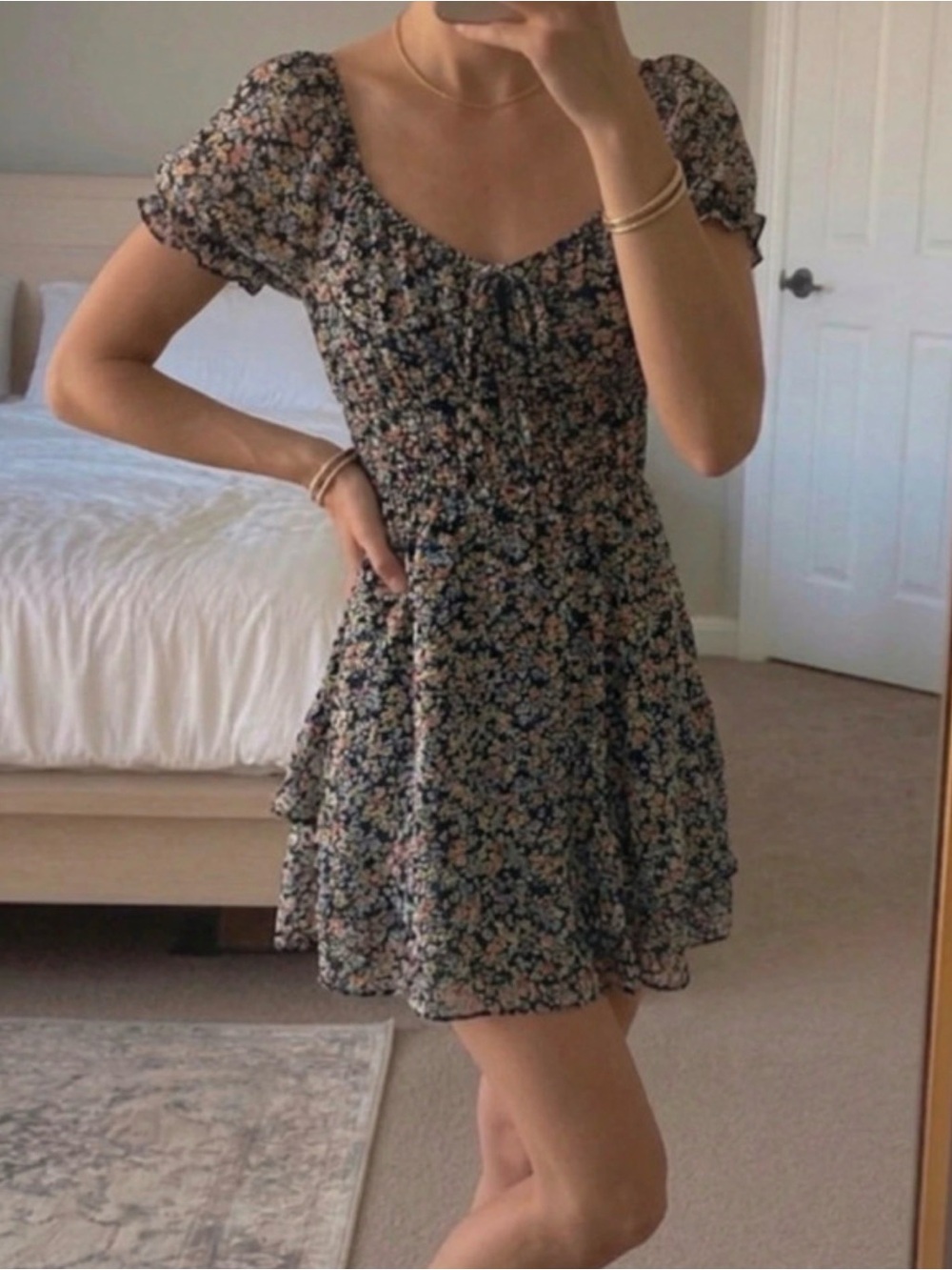 Floral Puff-Sleeve Smocked Mini Dress in Black